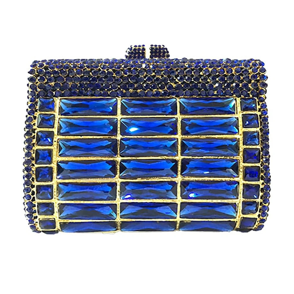 Blue crystal evening clutch bag with geometric rhinestone embellishments and luxury gold-tone frame. Designer handbag.