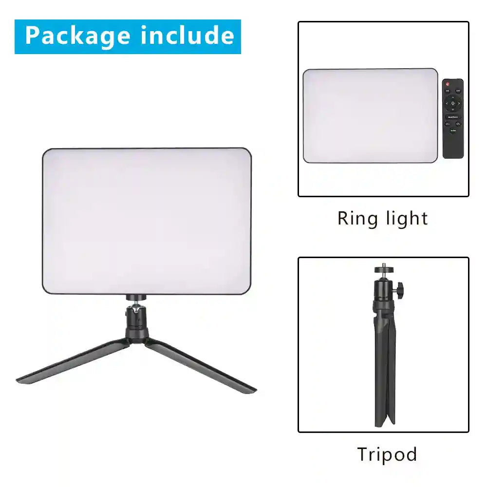 Rectangular LED panel light and compact black tripod stand with remote control for video lighting and photography.