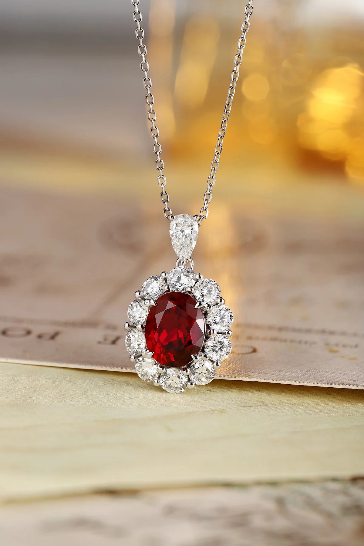 Lanphear Jewelry PT950 Platinum Four-Prong Claw Setting Necklace-Oval Cultured Ruby & Cultured Diamond for Gift, Anniversary