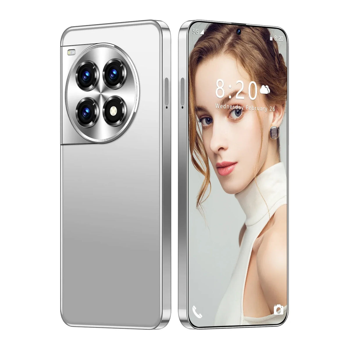 Smartphone pair: white back and front with quad rear camera module; portrait display