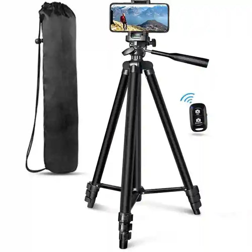 Black aluminum smartphone tripod with phone mount, wireless remote shutter, and carrying bag.