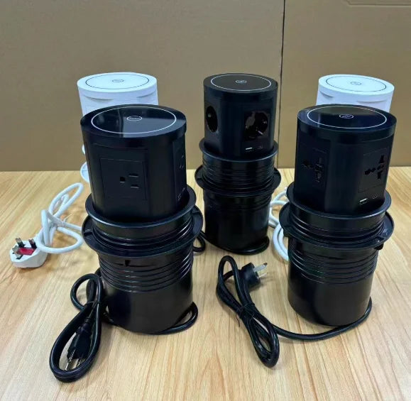 Pneumatic Lifting Desktop Socket with 5 EU UK AC Outlets Wireless Charging USB Charging Hidden Desk Top Socket Tidesmit