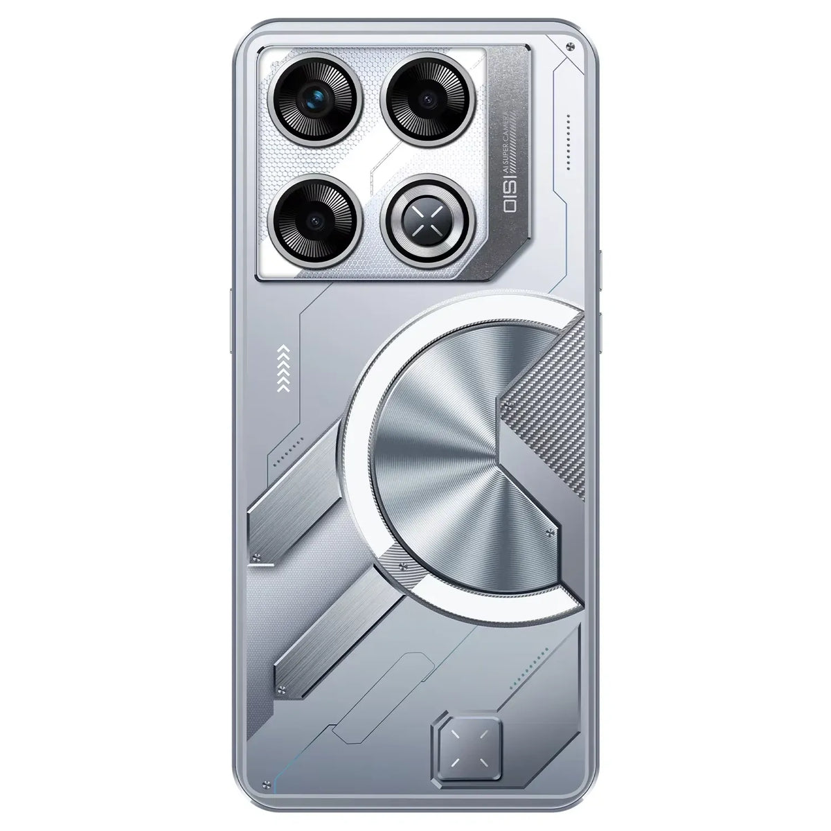 Silver/gray smartphone with triple rear camera module and circular back design