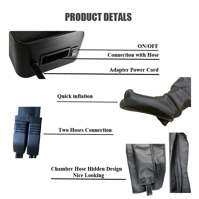 XXL air compression leg massage recovery boot details showing control unit, hoses, power cord, and inflation design.