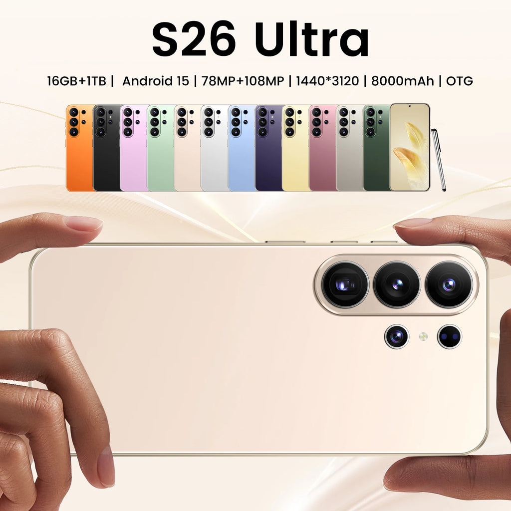 Original S26 5G smartphone with 7.3 inch HD screen, 16GB RAM, 1TB storage, 8000mAh battery and 48MP dual camera.