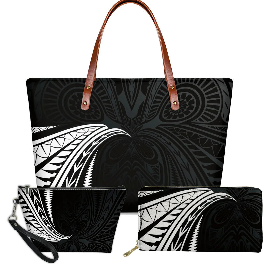3-piece black and white Polynesian tribal turtle print handbag set with brown leather straps and zippered clutch.