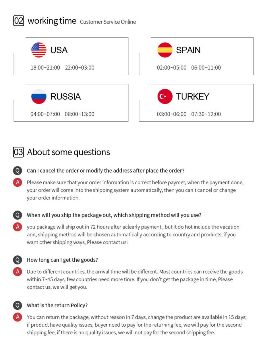 Customer service working hours for USA, Spain, Russia, and Turkey, plus FAQs about shipping, returns, and orders.