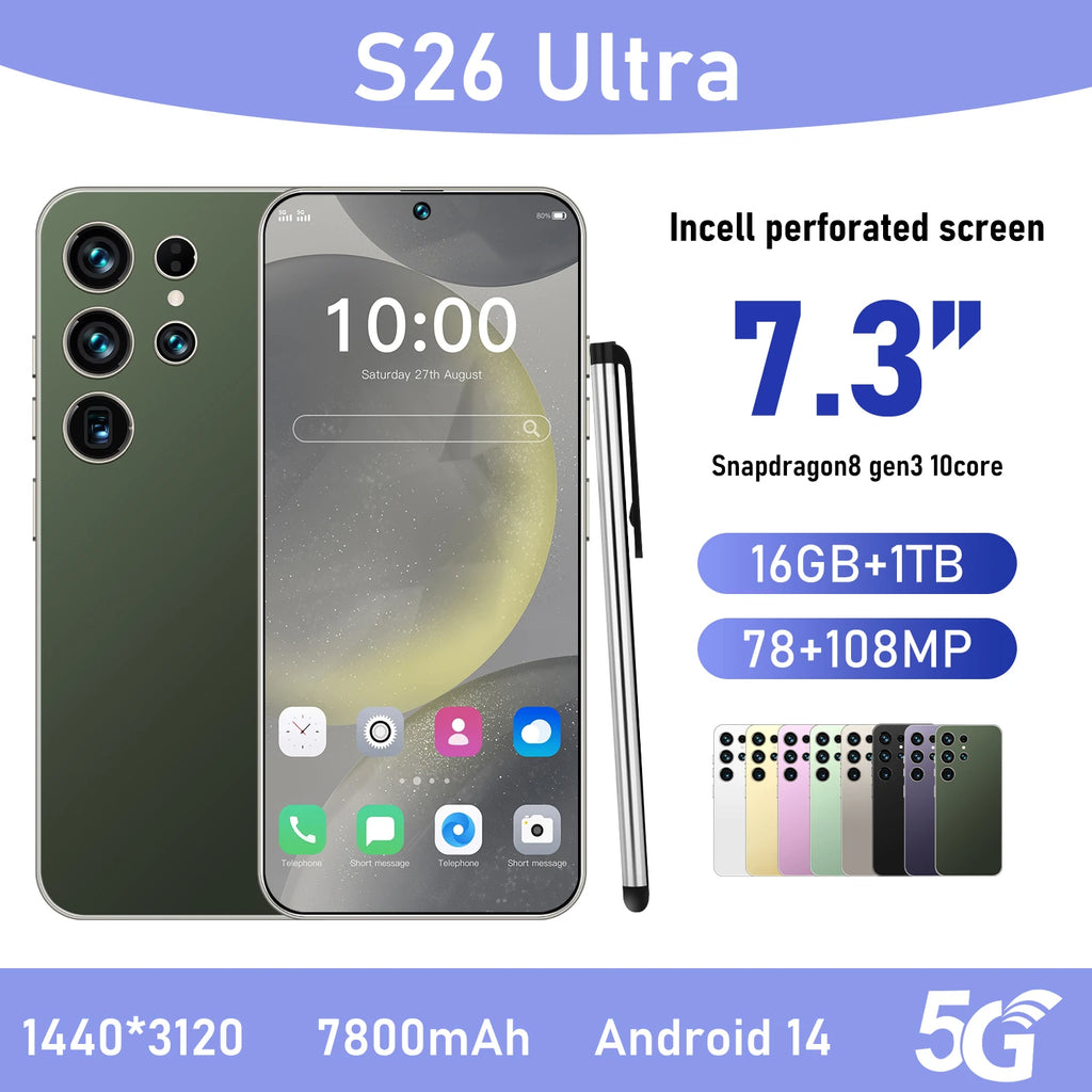 Unlocked S26 ULTRA 5G Mobile Phone 7.3 Inch Screen 108MP Camera 7800mAh Battery Dual Sim 1TB ROM Smart Features Tidesmit