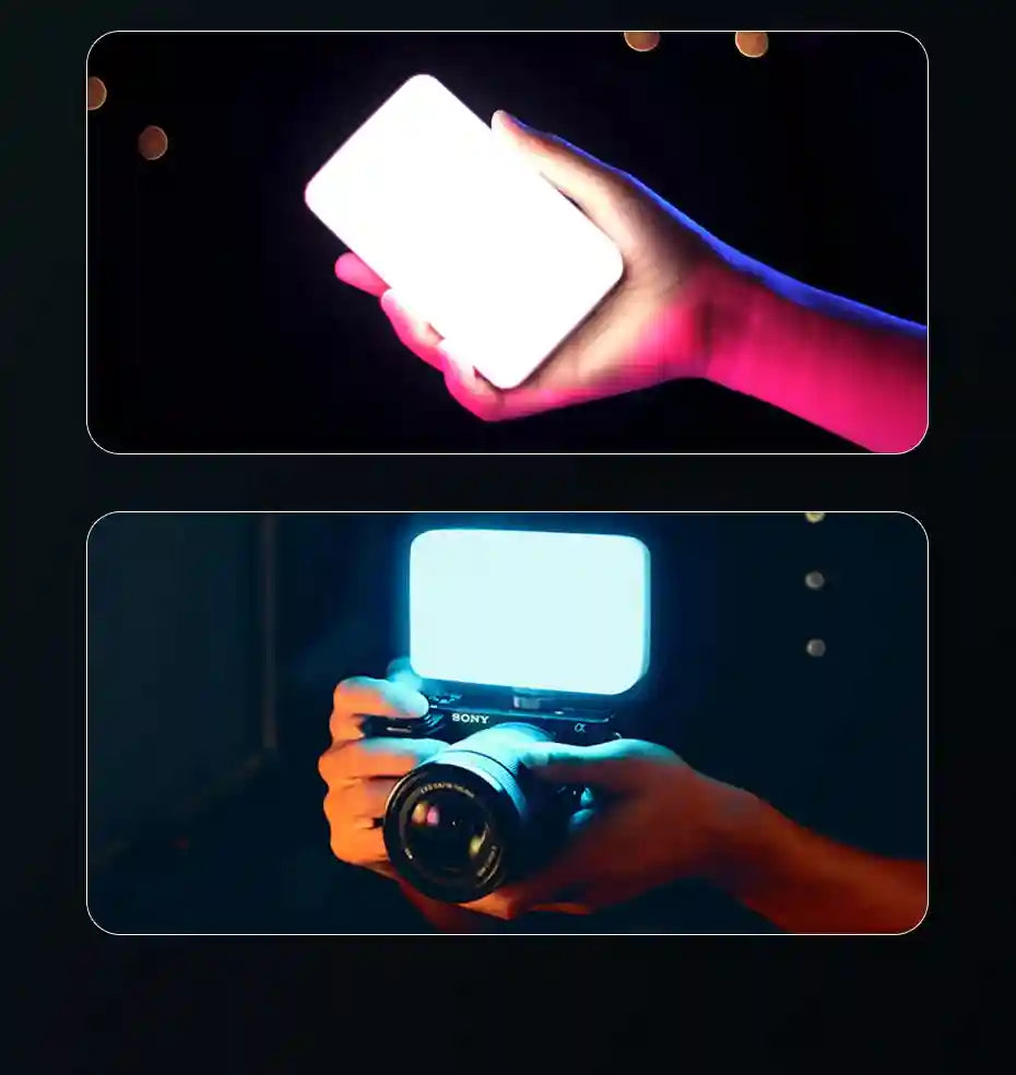 Portable LED light panel with bright white glow, handheld or mounted on a camera for photography and video lighting.