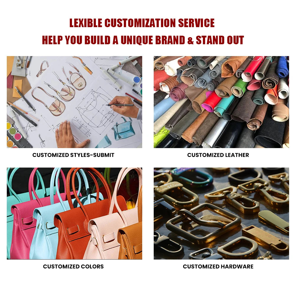 Designer handbags: Custom top-grain cowhide leather bags in various vibrant colors with luxury metal hardware.