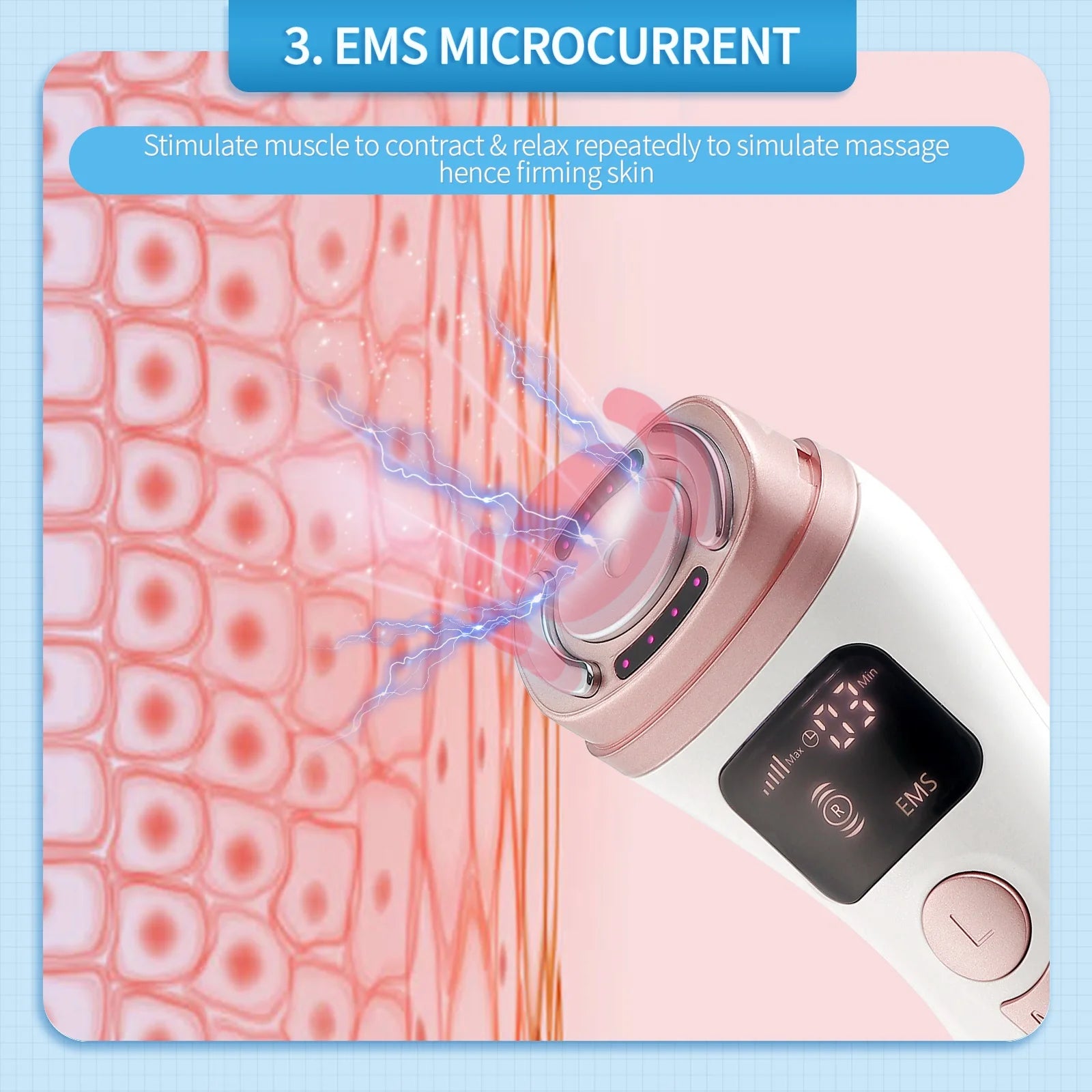 White and rose gold handheld EMS facial device emitting blue microcurrents toward a diagram of skin cells.