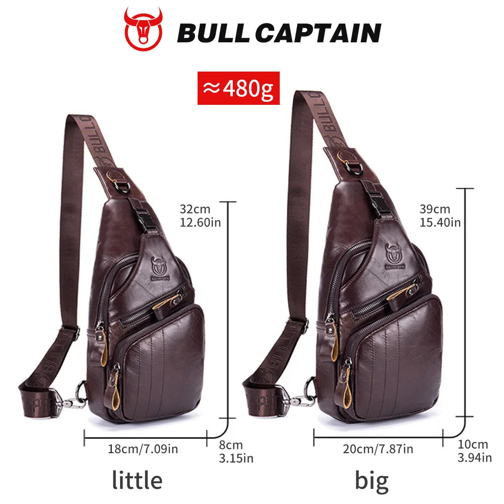 Brown genuine cow leather BULLCAPTAIN vintage sling bag, featuring casual crossbody design, zippers, and logo detail.