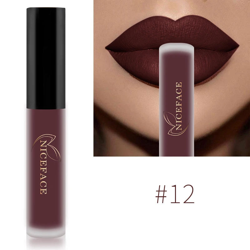 NICEFACE #12 deep burgundy matte liquid lipstick, waterproof velvet lip tint for full-coverage pigment.