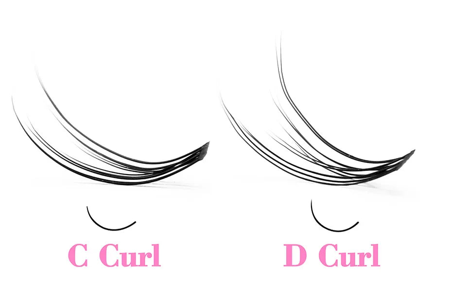 Comparison of black, flared 3D cluster eyelash extensions showing C curl and D curl styles.