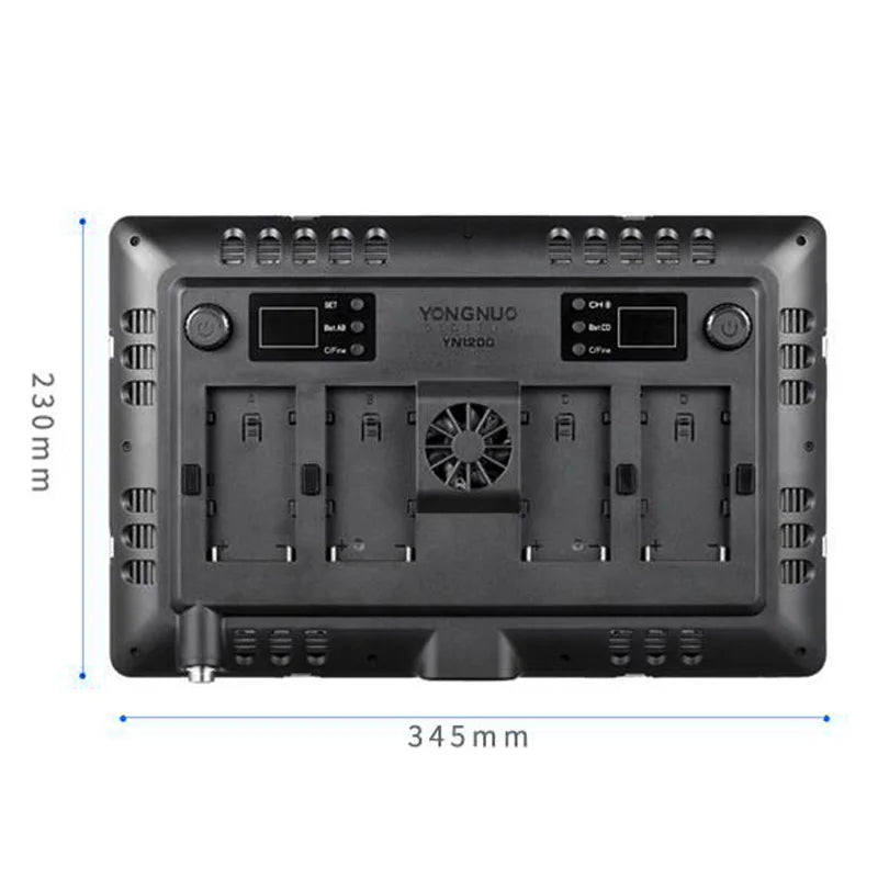 Black rectangular LED video light panel, 345x230mm, featuring four battery slots, cooling fan, and digital controls.