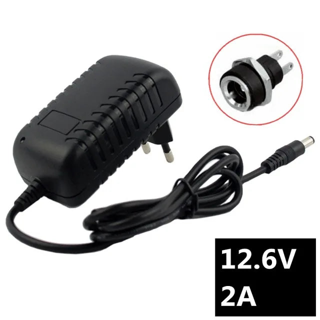 Black Tidesmit 12.6V 2A battery charger with plastic body, long power cord, DC plug, and a circular connector insert.