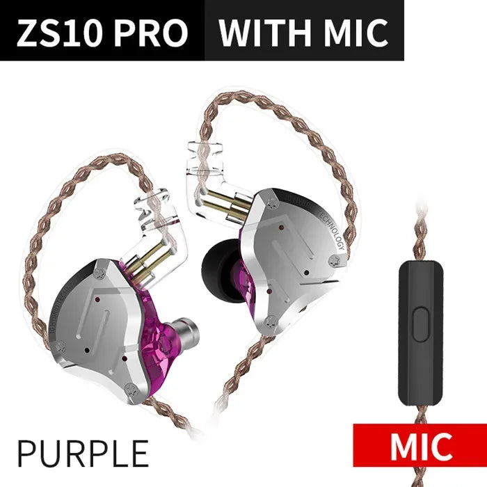 KZ ZS10 Pro 5-Driver Hybrid HiFi Wired Earbuds by Tidesmit ZS10 Pro Purple Mic Tidesmit