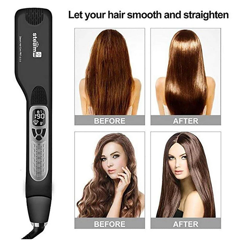 Black steam hair straightener with digital temperature display showing before and after hair transformation results.