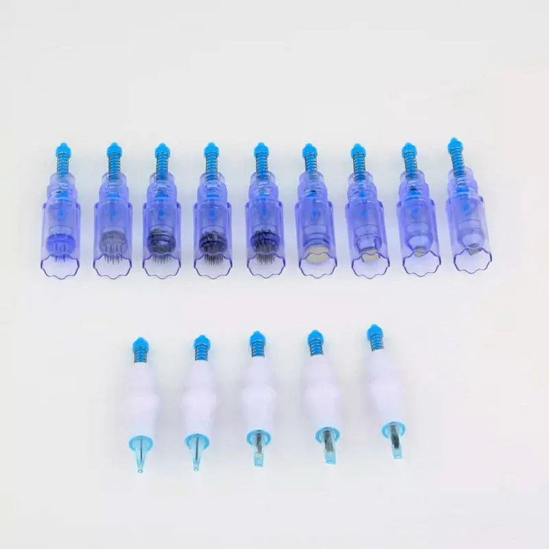 Artmex V8 permanent makeup needle cartridges, blue and white tips for PMU tattoo machine and MTS skin treatment.