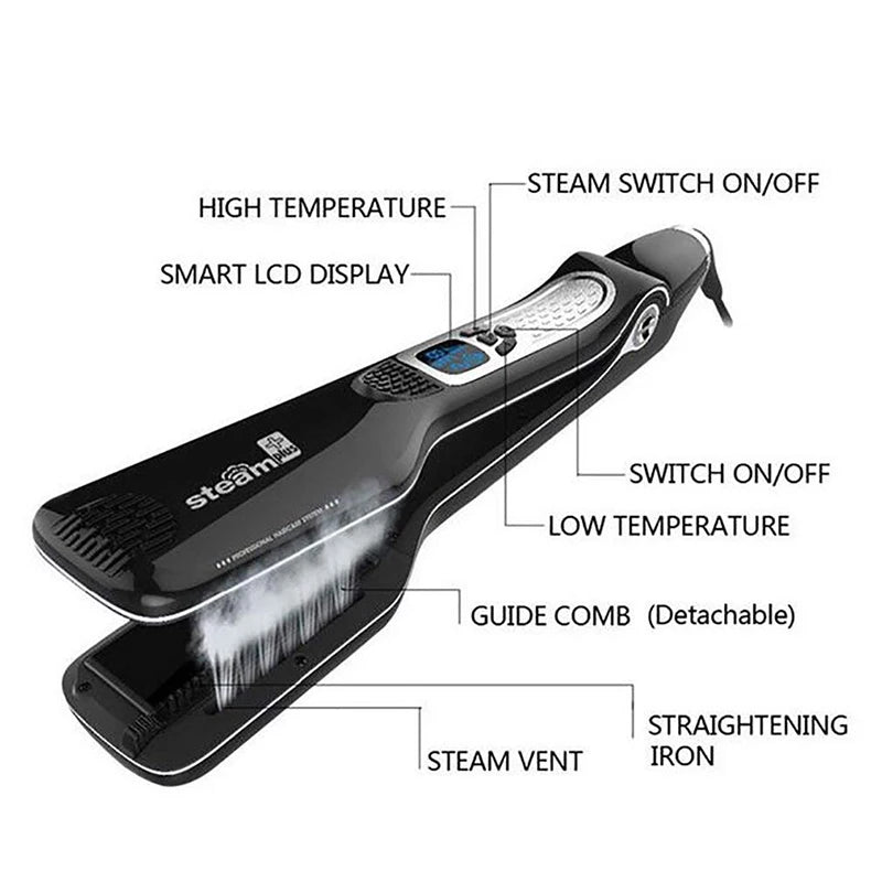 Black steam hair straightener with detachable guide comb, LCD display, and temperature control for smooth styling.