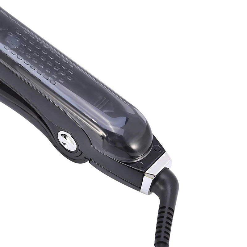 Black professional steam hair straightener with water tank and swivel cord for sleek styling.