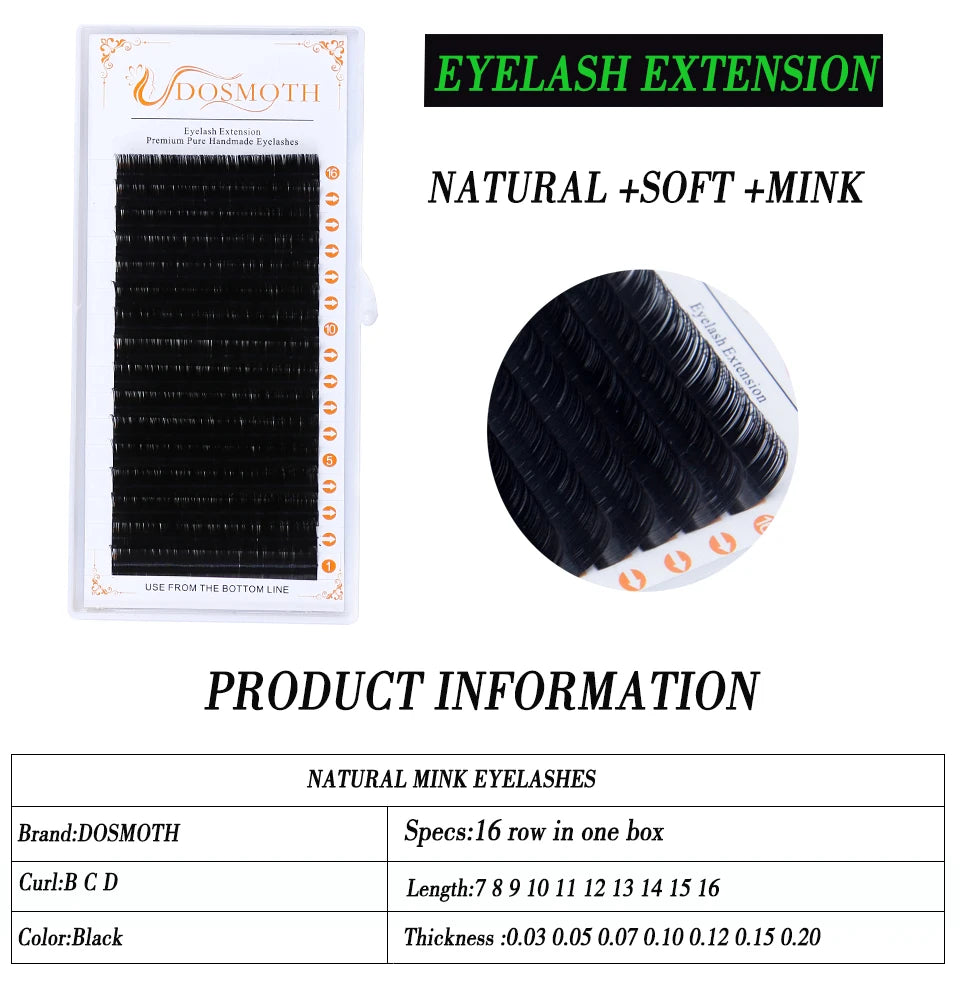 Black mink eyelash extensions in a 16-row tray for professional beauty applications.