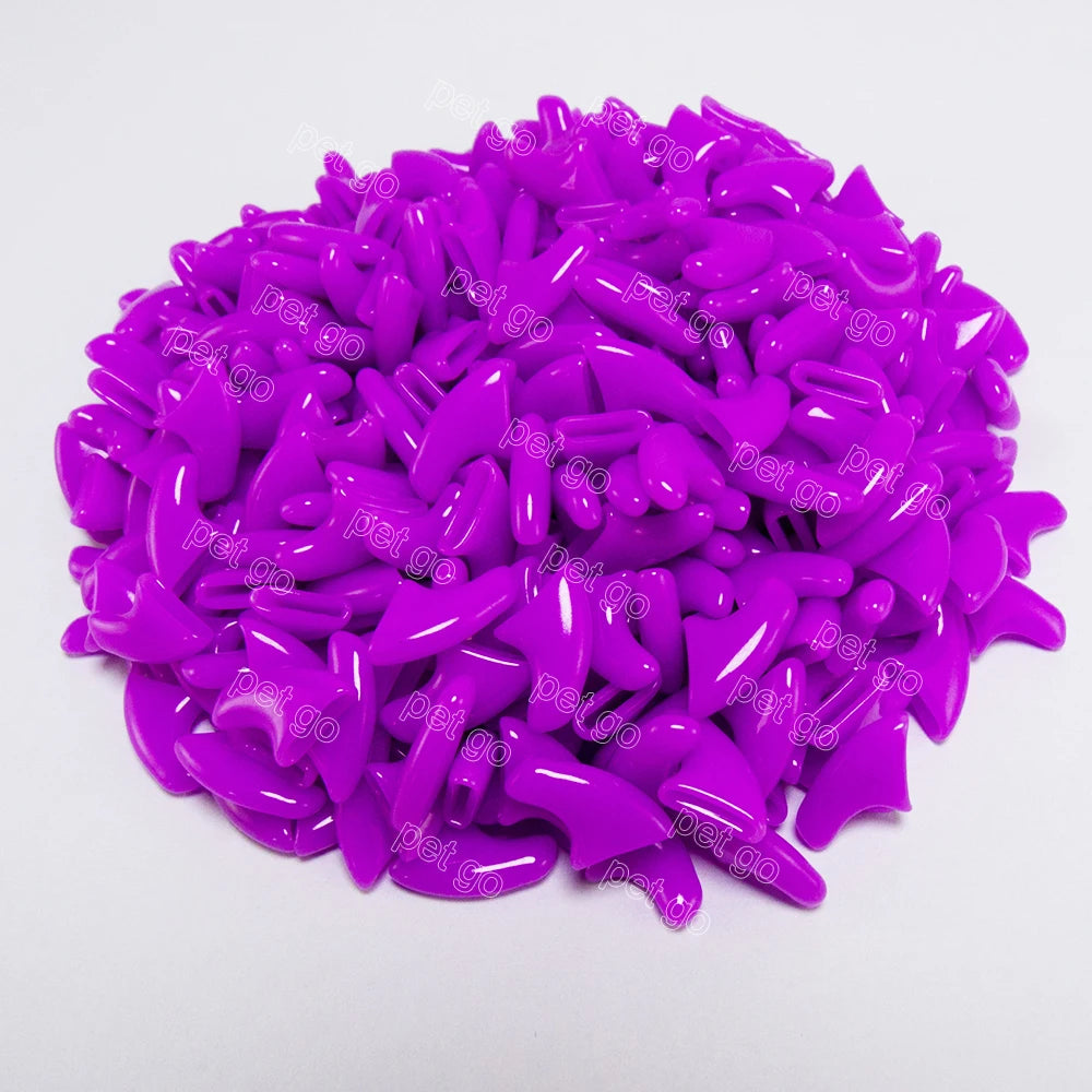 Colorful purple soft vinyl cat nail caps (20 pcs) for scratch-free claws, includes adhesive, sizes XS-L.