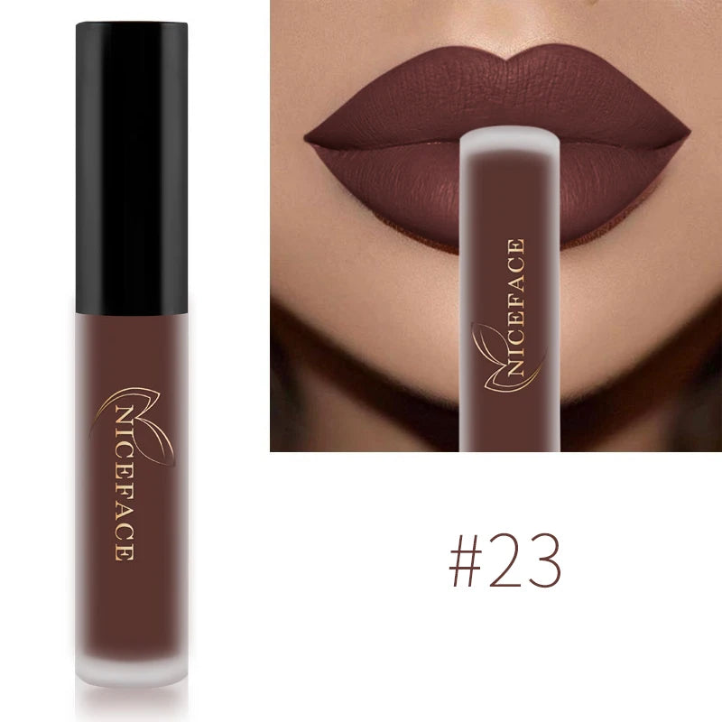 NICEFACE velvet matte liquid lipstick in dark brown shade #23 with a smooth, waterproof finish on lips.