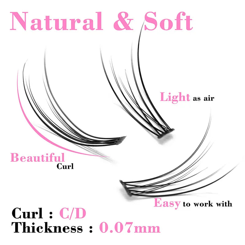 Three black, flared mink eyelash extension clusters with C/D curl and 0.07mm thickness on a white background.