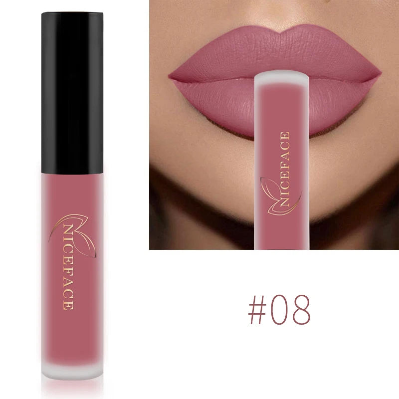 NICEFACE velvet matte liquid lipstick in shade #08, a long-lasting waterproof nude mauve lip tint cream.