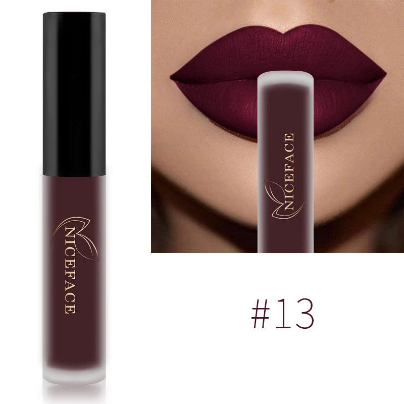 NICEFACE #13 deep plum matte liquid lipstick. Waterproof, velvet finish lip tint in a sleek tube with applicator.