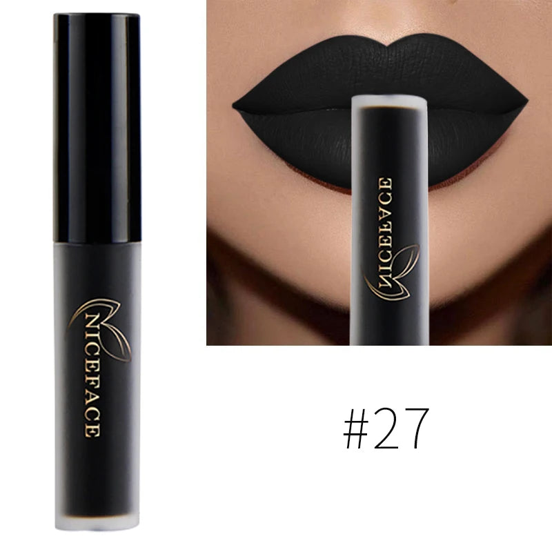 NICEFACE black matte liquid lipstick #27, a waterproof, long-lasting velvet pigment lip tint in a sleek tube.
