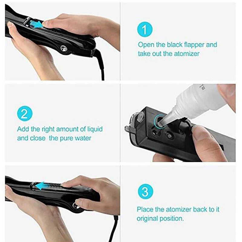 Black steam hair straightener instructions showing how to refill the removable water atomizer tank.