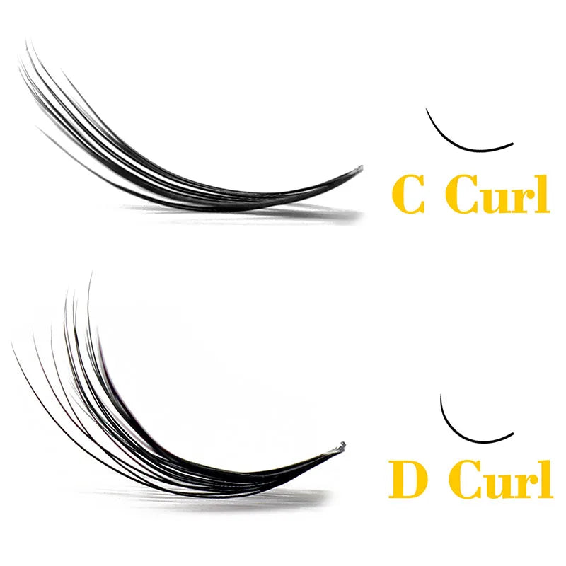 Black mink eyelash clusters showing the shape difference between C-curl and D-curl styles on a white background.