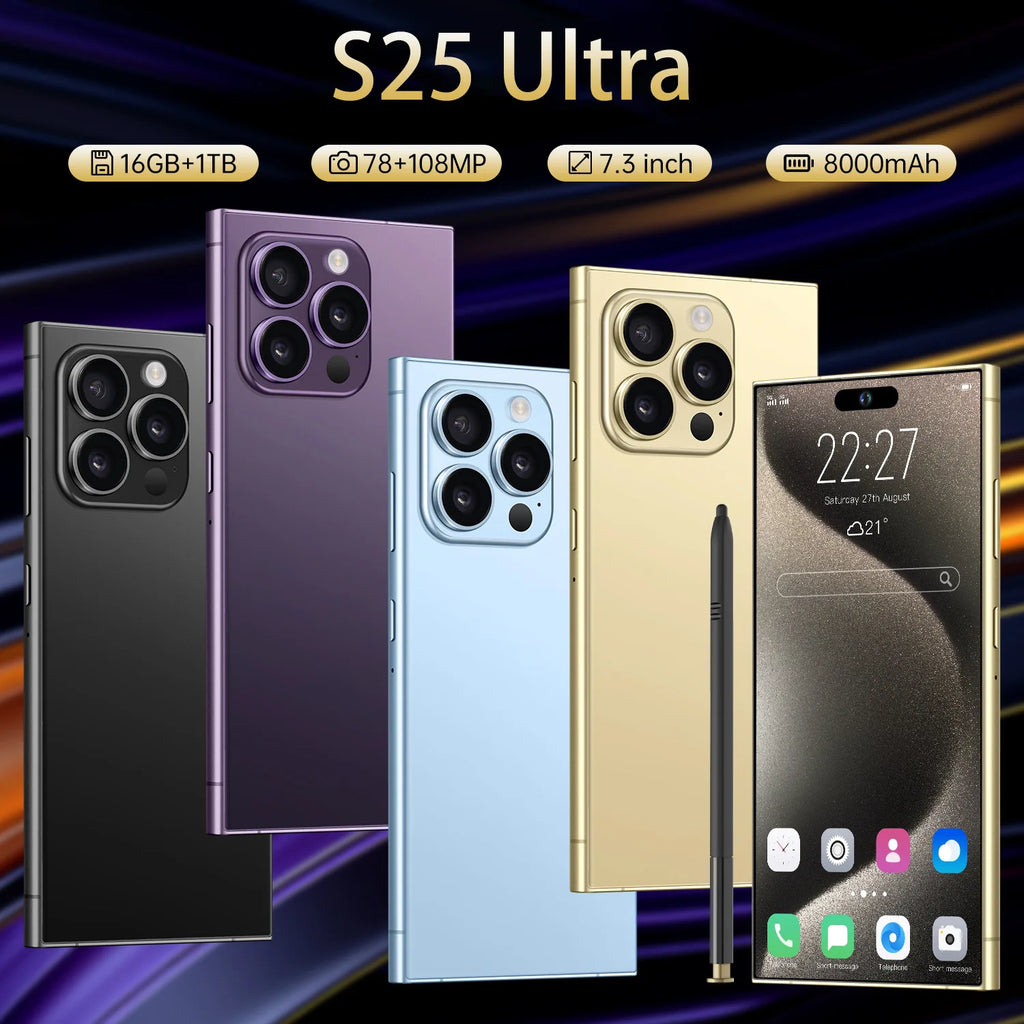 Tidesmit S25Ultra smartphone with built-in stylus, 7.3-inch display, 20MP camera, and eight-core 4G performance.