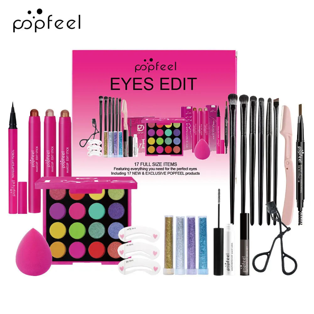 Wholesale Cheap and Good17 Styles Makeup Set Eyeshadow Lipstick Eyebrow Pencil Lip Gloss Makeup Brush Cosmetics Kit ALIBABA SET007C Tidesmit