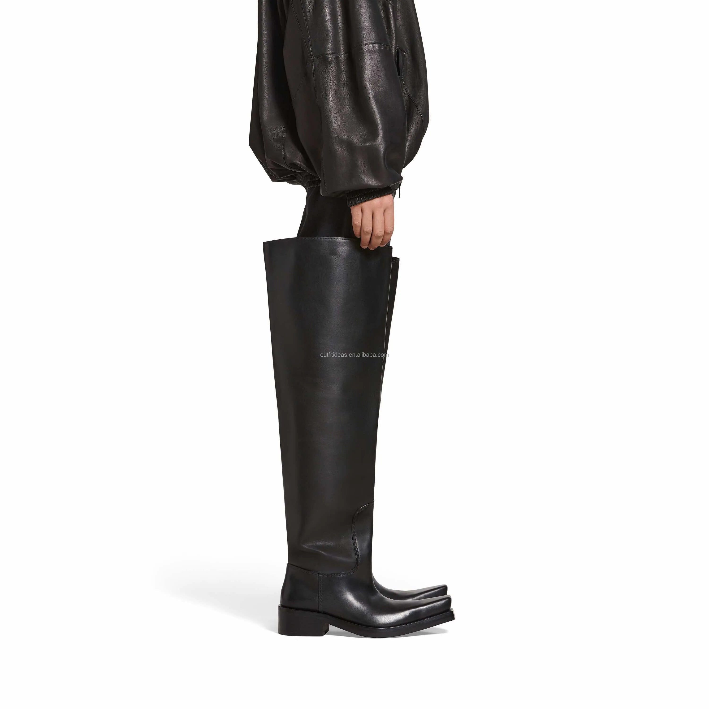 Extra Square Toe Calfskin Chelsea Boots Chunky Low Block Heel Shoes Black Santiago Over-the-knee Leather Biker Boots for Men