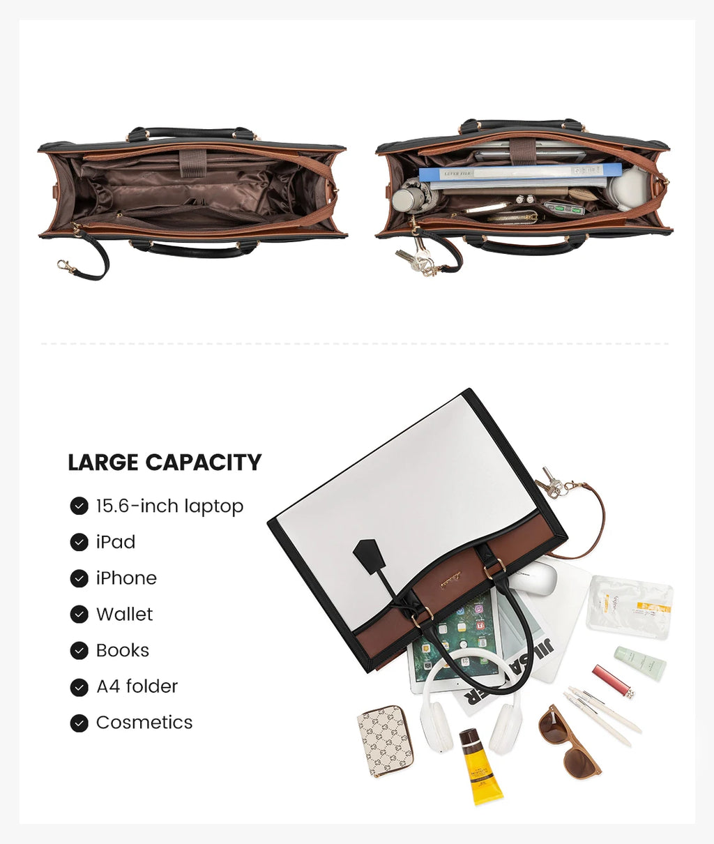 LOVEVOOK designer laptop tote for women in white and brown, featuring a large-capacity interior for 17-inch laptops.