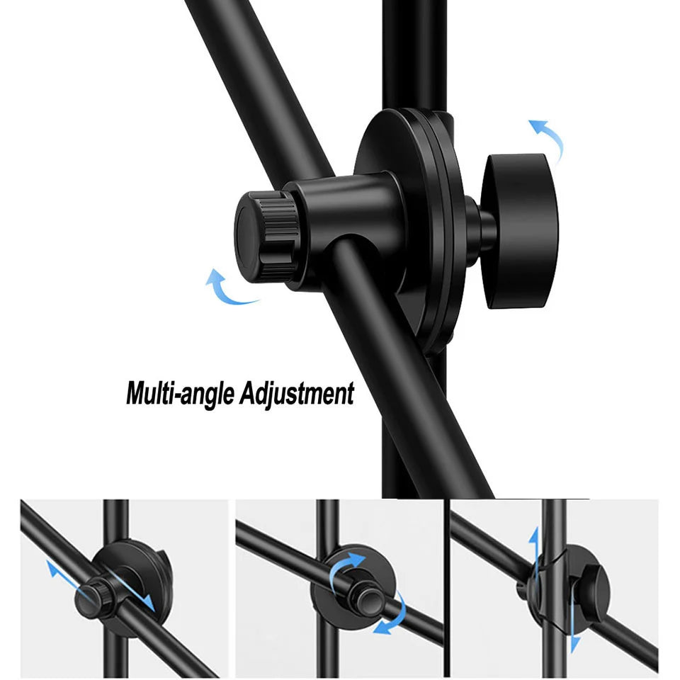 Black metal microphone stand joint with adjustable knobs for flexible positioning and multi-angle articulation.