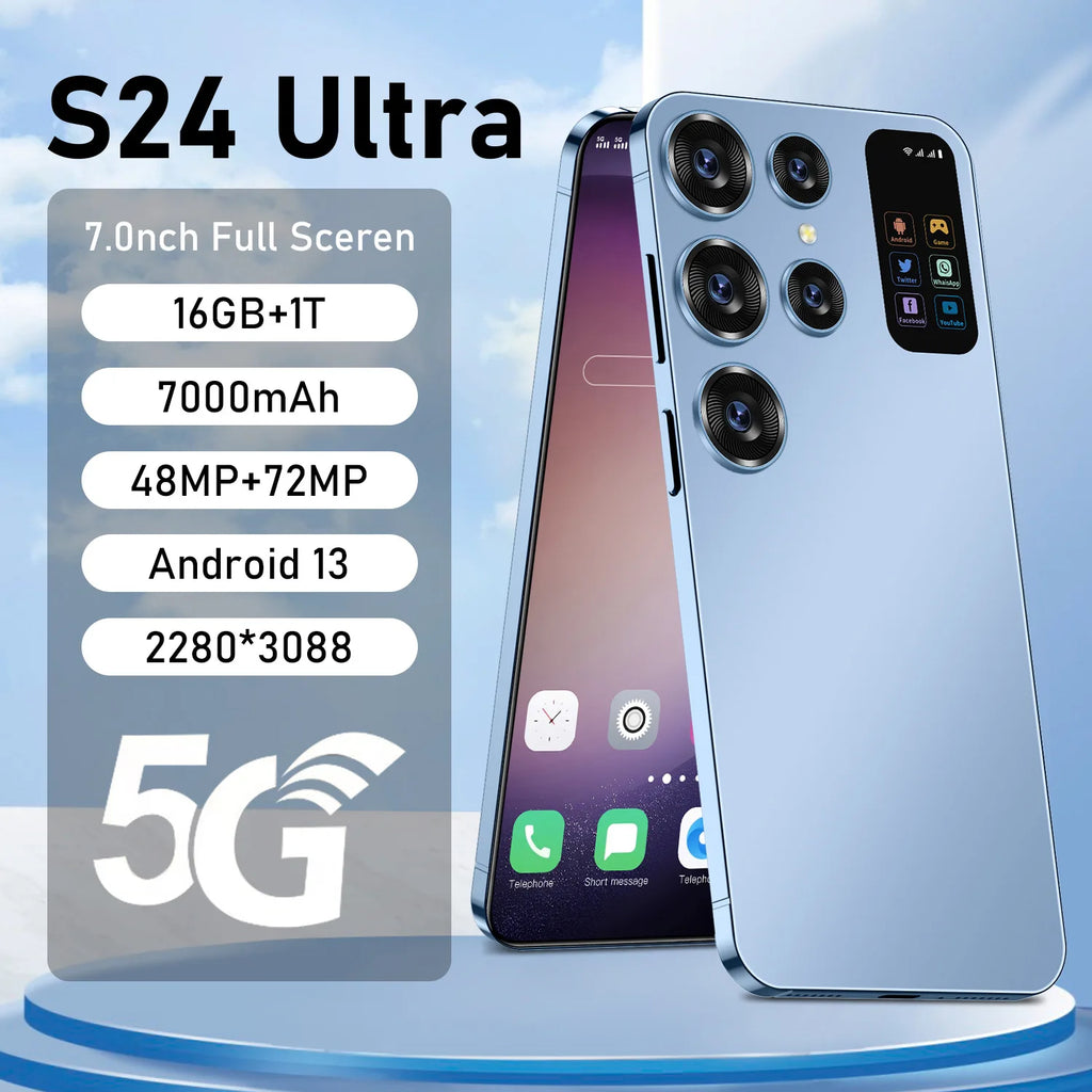 2025 New Arrival S24 Ultra Smart Phone 7 Inch Mobile Phones 16+1TB Unlock S-Pen 5G WIFI Gaming Android HD LCD 65W Tidesmit
