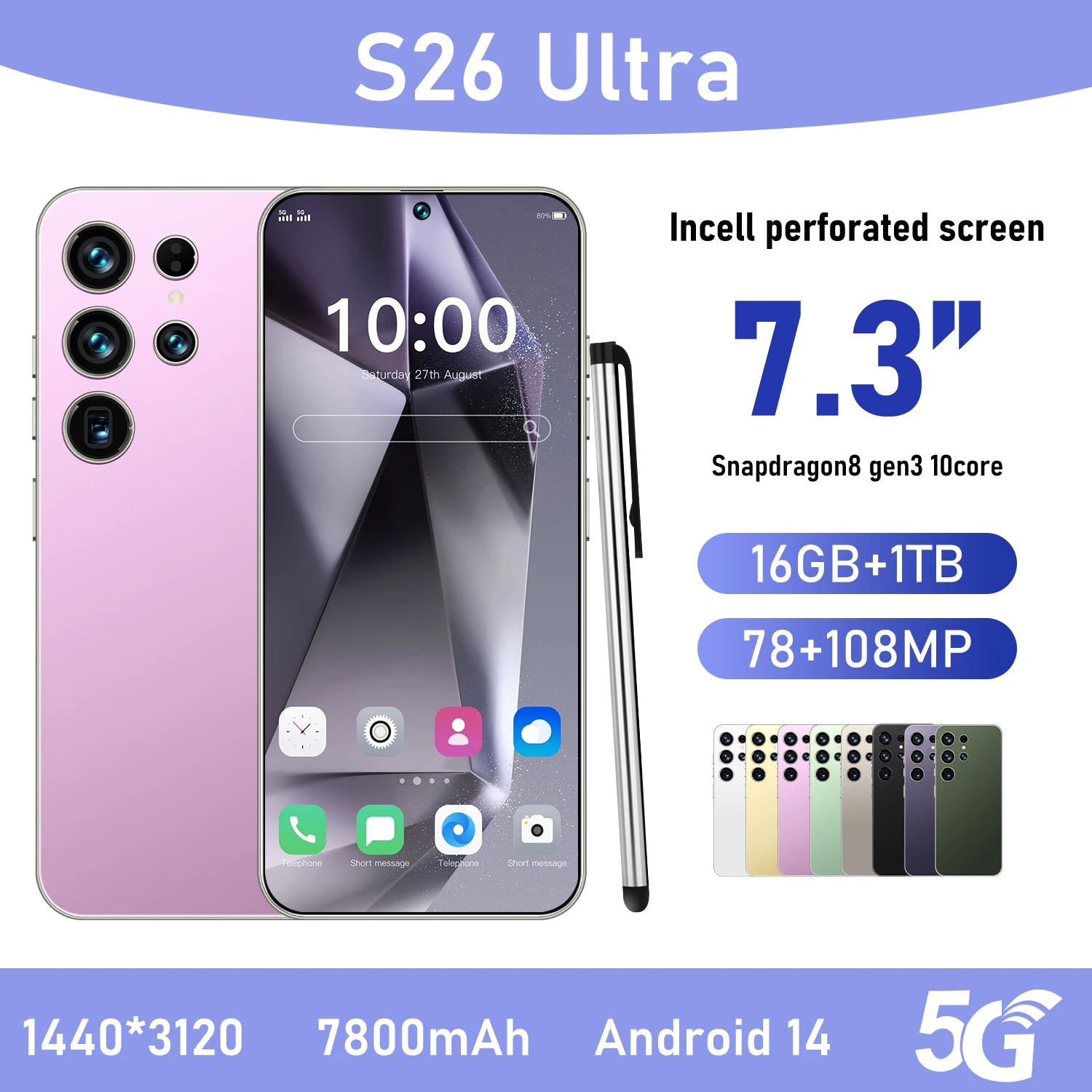 2025 New Original Phones S26 ultra 5g Smartphones 22GB+2TB 5G Dual SIM Cellphone Mobile Phone Face Unlock Android 14 5G Phone Pink 16g 1TB Tidesmit