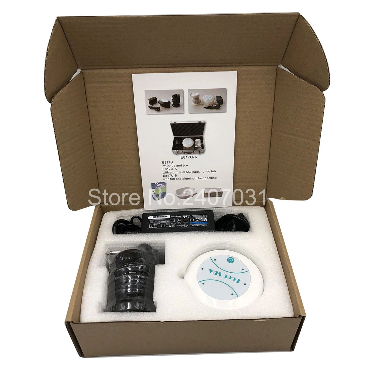 Ionic detox foot spa machine set in cardboard box with white electric array, power adapter, and user manual guide.