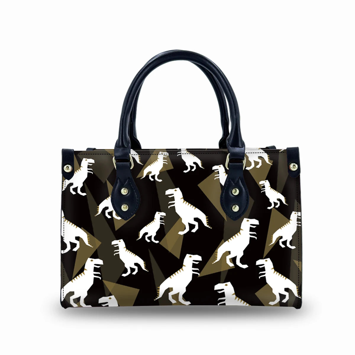 Vintage-style PU leather trunk bag featuring a black and tan geometric print with white T-rex dinosaur silhouettes.