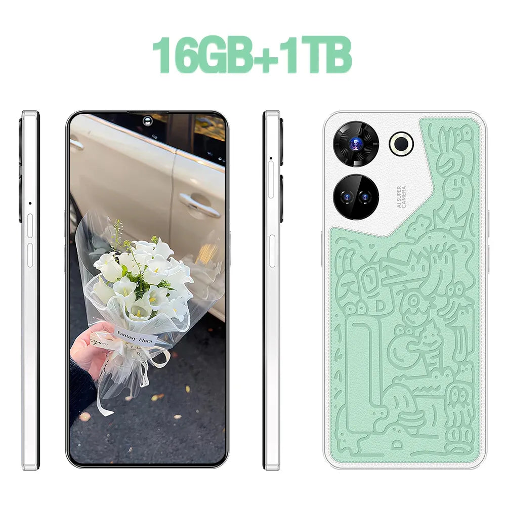 Green Android smartphone with dual rear cameras and embossed pattern, front view