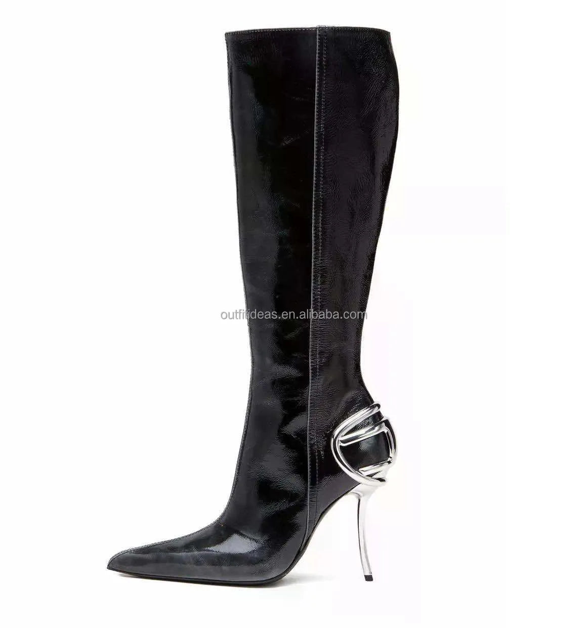 Sharply Pointed Toe Original Genuine Leather Luxury Side Zip Sexy Women D-Ten & Half-Glossy 105mm Stiletto Heel Knee-high Boots
