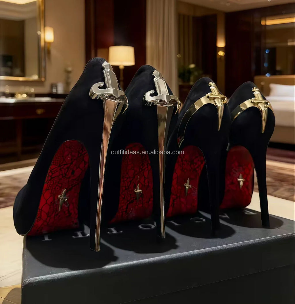 Luxury Leather Heels With Logo Top Quality Design Gold Sharp Dagger Pumps in Black Cesare Paciot High Heels Sharp Dagger Pumps