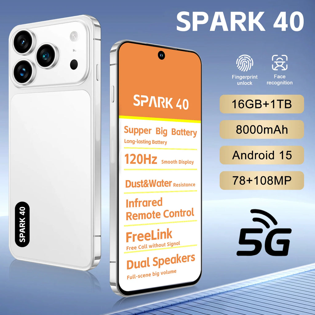 SPARK 40 5G smartphone featuring a 78MP+108MP dual camera and long-lasting 8000mAh battery, side profile view.