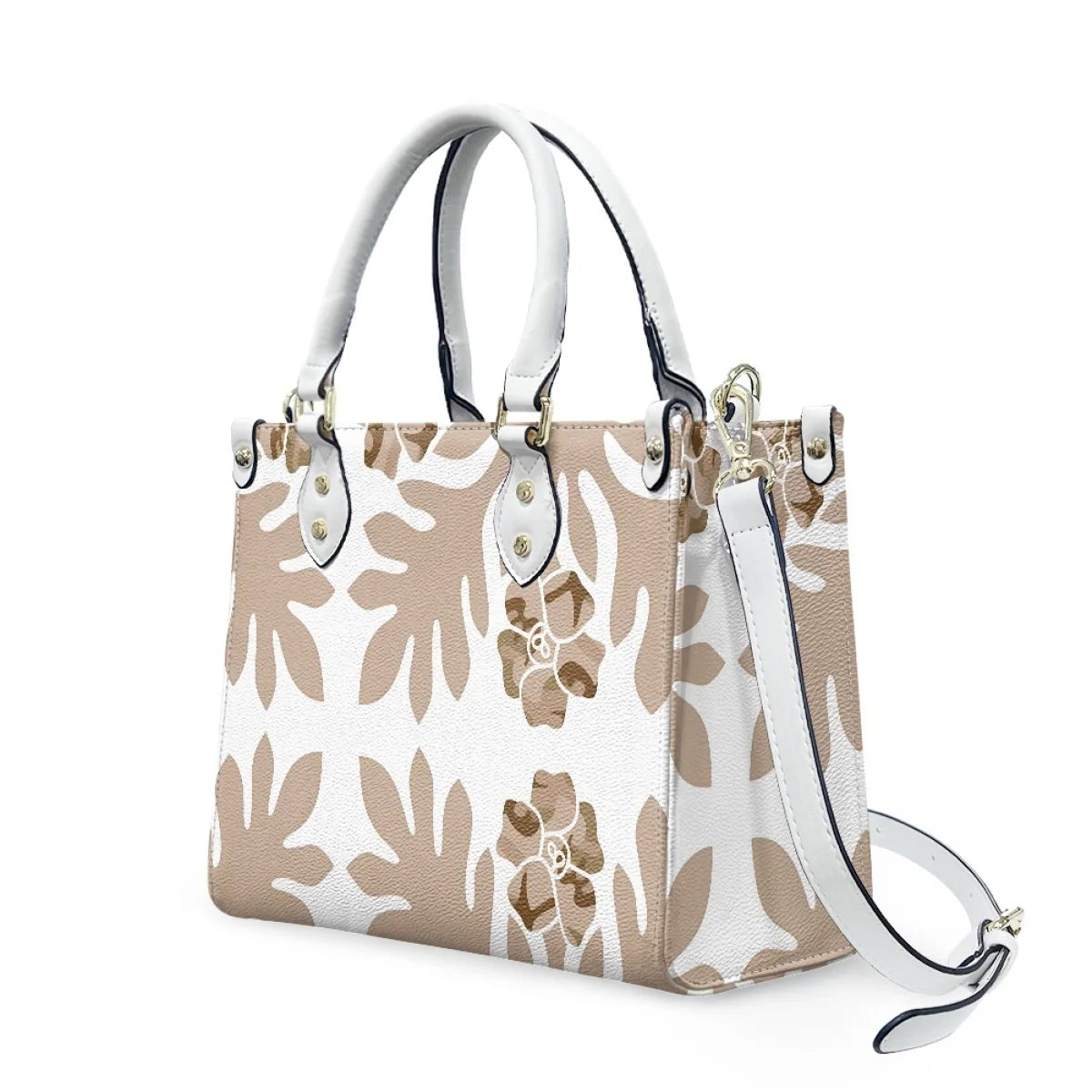 Tan and white leather handbag with Polynesian floral tribal print, top handles, and detachable shoulder strap.