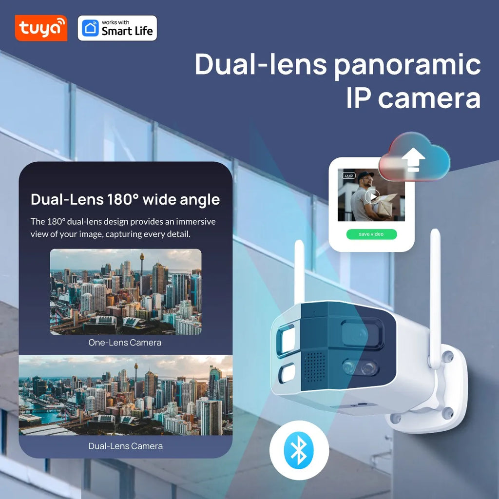 Tuya Smart 4MP 2.5K Dual-Lens Large Wide 180 Degree Security Outdoor Camera with Color Night Vision 2-Way Talk IP Camera Tidesmit