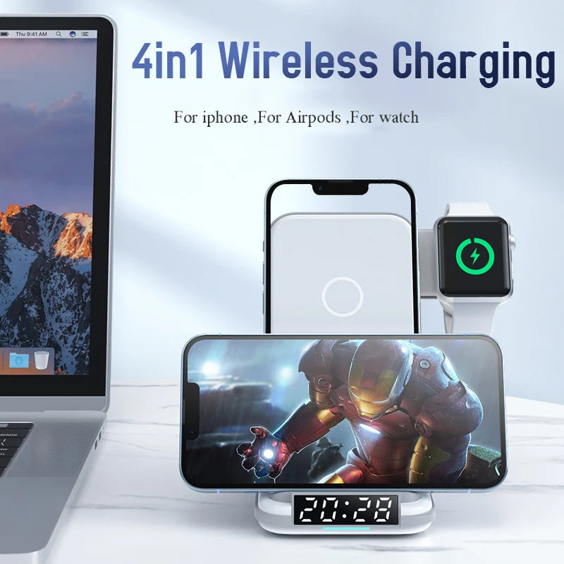 Desktop Alarm 4 in 1 Phone Watch Earphones 15w 3 In1 Wireless Charger Clock Tidesmit